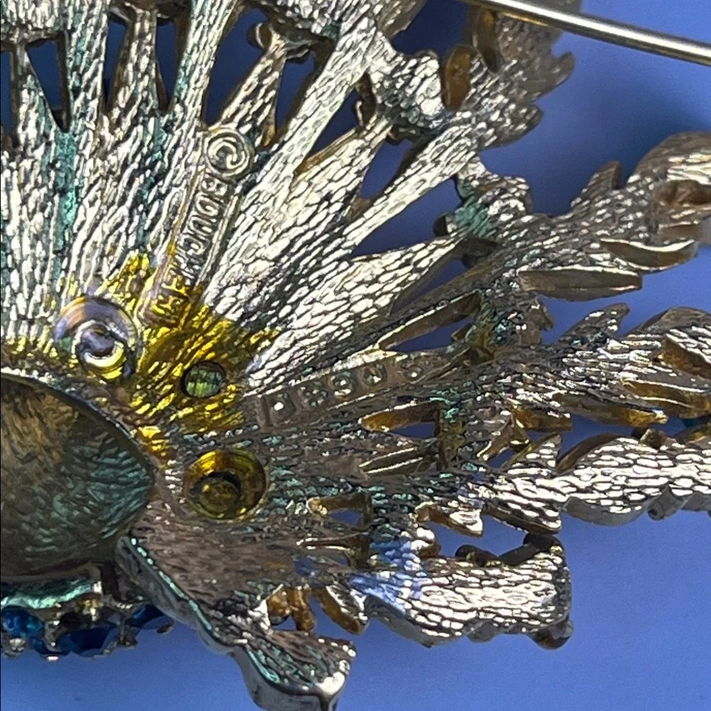 Vintage Boucher signed Gold, blue, green Peacock Brooch vintage designer